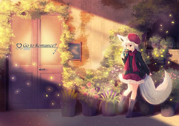 Anime picture 1505x1062 with original misaki yuu (dstyle) single long hair blush fringe open mouth hair between eyes standing holding brown eyes animal ears looking away full body outdoors white hair tail animal tail fox ears text