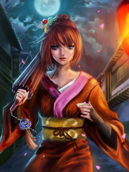 Anime picture 2000x2667 with gintama sunrise (studio) kagura (gintama) rikamello single tall image highres short hair blue eyes brown hair cloud (clouds) japanese clothes lips realistic night sky lipstick street girl hair ornament petals