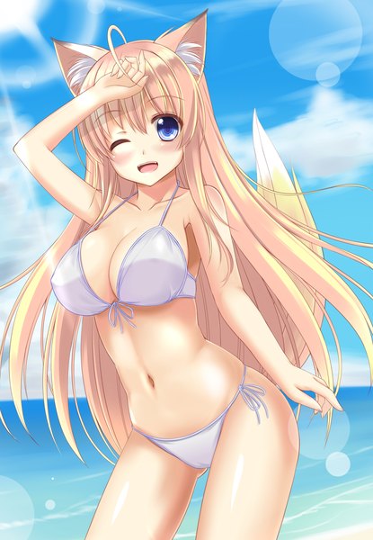 Anime picture 900x1300 with original sogaya long hair tall image blush breasts open mouth blue eyes light erotic blonde hair large breasts animal ears sky cloud (clouds) tail animal tail one eye closed wink fox ears fox tail