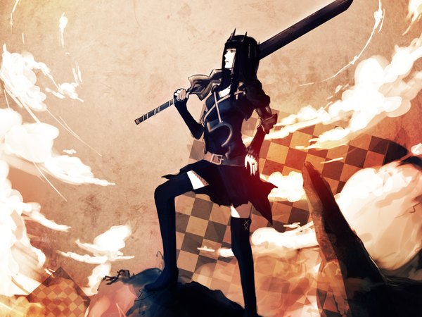 Anime picture 2168x1626 with black rock shooter dotentity single long hair fringe highres black hair standing holding cloud (clouds) nail polish fingernails hand on hip checkered girl skirt weapon boots belt thigh boots