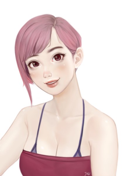 Anime picture 2480x3508 with original jubi (regiana) single tall image looking at viewer highres short hair breasts light erotic simple background smile large breasts white background bare shoulders brown eyes signed pink hair cleavage parted lips head tilt