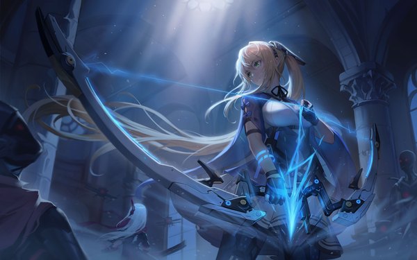Anime picture 6000x3751 with punishing: gray raven bianca (punishing: gray raven) duoyu zhuan qing long hair fringe highres blonde hair hair between eyes standing holding green eyes payot looking away absurdres white hair ponytail indoors mole mole under eye floating hair