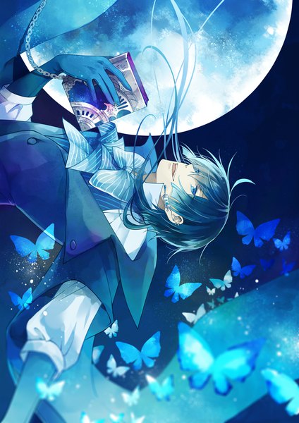 Anime picture 800x1131 with vanitas no shuki studio bones vanitas (vanitas no carte) winniconan single long hair tall image open mouth blue eyes black hair fang (fangs) piercing ear piercing looking up falling boy gloves earrings bowtie book (books)