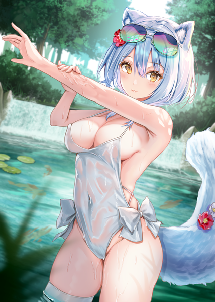 Anime picture 1141x1600 with red: pride of eden lovey (pride of eden) nanashi (74 nanashi) single tall image looking at viewer blush fringe short hair breasts light erotic hair between eyes large breasts standing animal ears yellow eyes blue hair outdoors tail animal tail