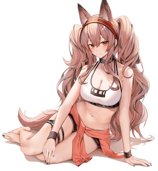 Anime picture 4648x5048 with arknights angelina (arknights) ru zhai single tall image looking at viewer blush fringe highres breasts light erotic simple background hair between eyes brown hair large breasts white background sitting twintails animal ears absurdres