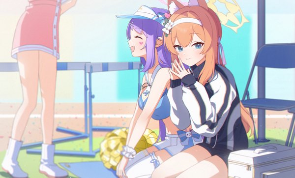 Anime picture 1902x1147 with blue archive mari (blue archive) mari (gym uniform) (blue archive) serina (blue archive) hanae (blue archive) hanae (cheer squad) (blue archive) kaerunrun long hair highres blue eyes wide image standing sitting multiple girls animal ears purple hair profile orange hair official alternate costume head out of frame