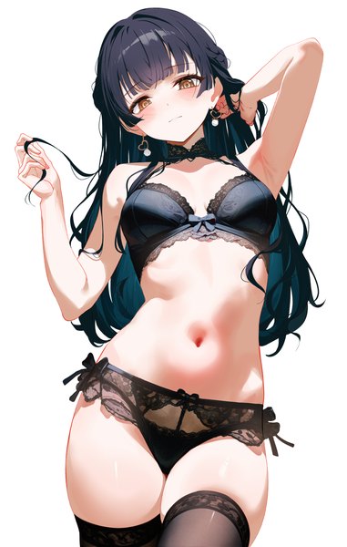 Anime picture 2560x4032 with idolmaster idolmaster shiny colors mayuzumi fuyuko gin00 single long hair tall image looking at viewer blush fringe highres light erotic black hair simple background standing white background brown eyes payot blunt bangs head tilt