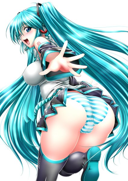 Anime picture 1000x1414 with vocaloid hatsune miku kuroi ekaki (artist) single tall image looking at viewer blush open mouth light erotic simple background white background twintails very long hair aqua eyes from behind aqua hair erect nipples covered nipples cameltoe upskirt