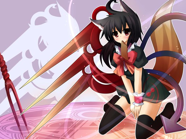 Anime picture 1600x1200 with touhou houjuu nue black hair animal ears tail girl thighhighs
