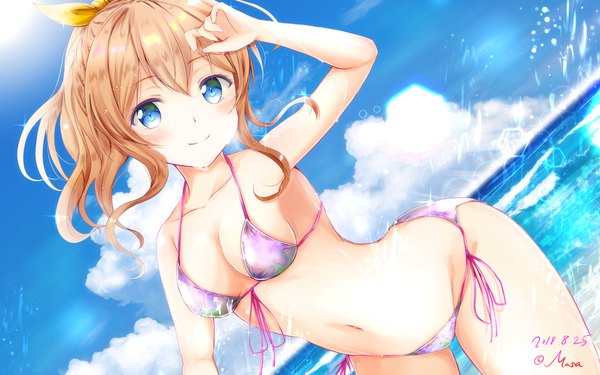 Anime picture 1920x1200 with bang dream! yamabuki saaya masa (mirage77) single looking at viewer blush fringe highres short hair breasts blue eyes light erotic smile hair between eyes brown hair large breasts standing bare shoulders signed payot