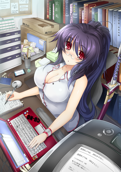 Anime picture 1001x1415 with cu-no kokonoe tamaki hisenkaede single long hair tall image looking at viewer blush light erotic black hair red eyes ponytail girl weapon sword glasses katana book (books) laptop pince-nez