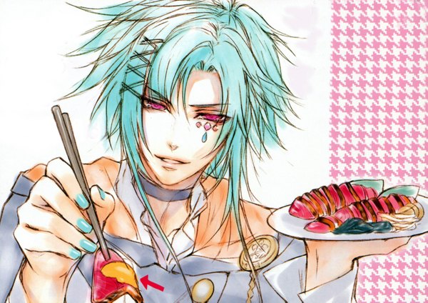 Anime picture 3118x2206 with wand of fortune wand of fortune 2 idea factory alvaro garay single looking at viewer highres short hair red eyes holding absurdres nail polish scan aqua hair aqua nail polish boy hair ornament food hairclip x hair ornament