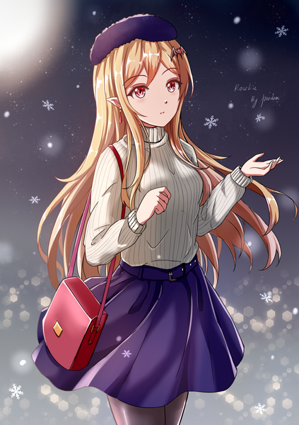 Anime picture 1748x2480 with original saber-freedom single long hair tall image blush fringe highres blonde hair red eyes standing signed payot looking away outdoors parted lips arm up pointy ears night night sky