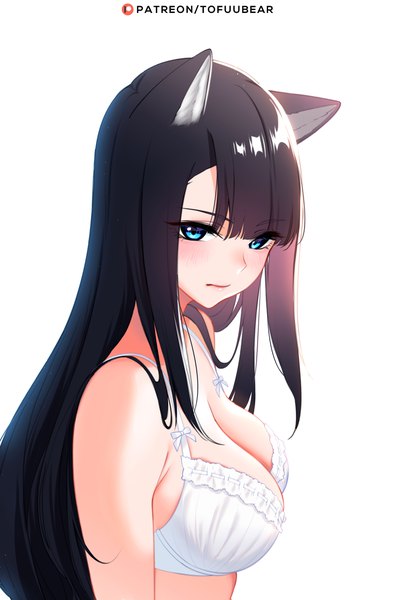 Anime picture 3251x4797 with original reiko (tofuubear) tofuubear single long hair tall image looking at viewer blush fringe highres breasts blue eyes light erotic black hair simple background hair between eyes large breasts white background signed animal ears