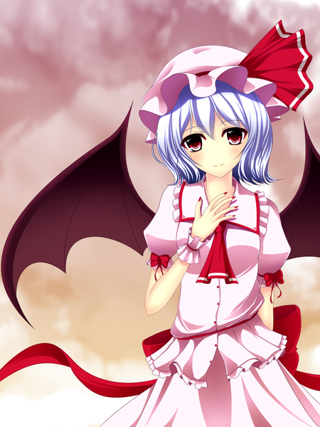 Anime picture 900x1200 with touhou remilia scarlet junior27016 single tall image looking at viewer blush short hair red eyes blue hair girl dress wings bonnet