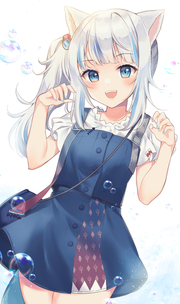 Anime picture 1600x2700 with virtual youtuber hololive hololive english gawr gura gawr gura (2nd costume) miyakoto single long hair tall image blush open mouth blue eyes white background animal ears silver hair nail polish :d multicolored hair cat ears streaked hair