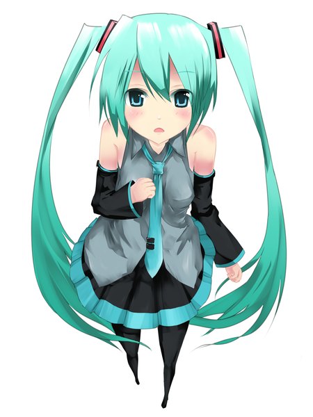 Anime picture 1350x1800 with vocaloid hatsune miku mek single tall image looking at viewer blush breasts simple background standing white background twintails very long hair aqua eyes aqua hair girl thighhighs skirt black thighhighs detached sleeves