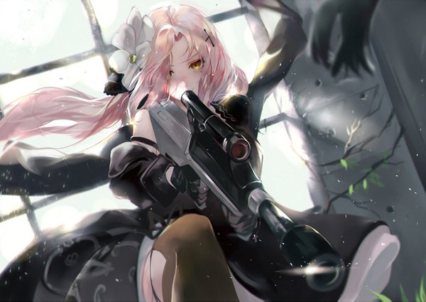 Anime picture 2500x1773 with girls frontline steyr aug (girls frontline) vardan single long hair looking at viewer blush fringe highres holding yellow eyes pink hair indoors hair flower wind blurry hair over one eye off shoulder mole mole under eye