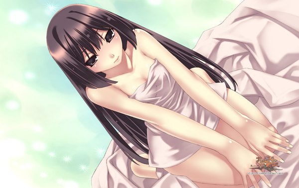 Anime picture 1900x1200 with agarest senki yayoi (agarest senki) hirano katsuyuki single long hair fringe highres breasts light erotic black hair hair between eyes sitting indoors black eyes official art dutch angle naked towel girl bedsheet towel