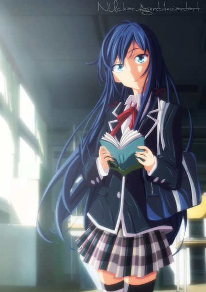 Anime picture 997x1411 with yahari ore no seishun love comedy wa machigatteiru. brains base (studio) yukinoshita yukino nuclearagent single long hair tall image open mouth blue eyes blue hair pleated skirt sunlight coloring girl thighhighs skirt uniform school uniform window bowtie