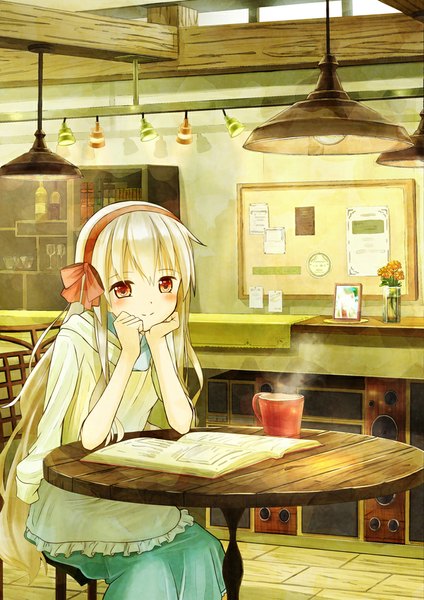 Anime picture 707x1000 with original hibari (artist) single long hair tall image looking at viewer blush smile red eyes sitting white hair girl dress hairband book (books) cup speakers