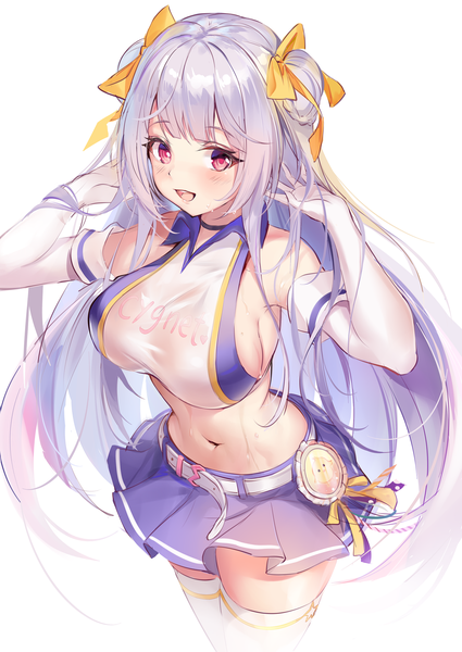 Anime picture 1700x2400 with azur lane cygnet (azur lane) cygnet (royal fanfare) (azur lane) pdxen single long hair tall image looking at viewer blush fringe breasts open mouth light erotic simple background smile red eyes white background bare shoulders payot silver hair