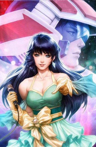 Anime picture 628x960 with macross macross: do you remember love? the super dimension fortress macross lynn minmay ichijou hikaru artgerm (stanley lau) long hair tall image looking at viewer fringe breasts blue eyes smile bare shoulders holding signed looking away purple hair parted lips profile