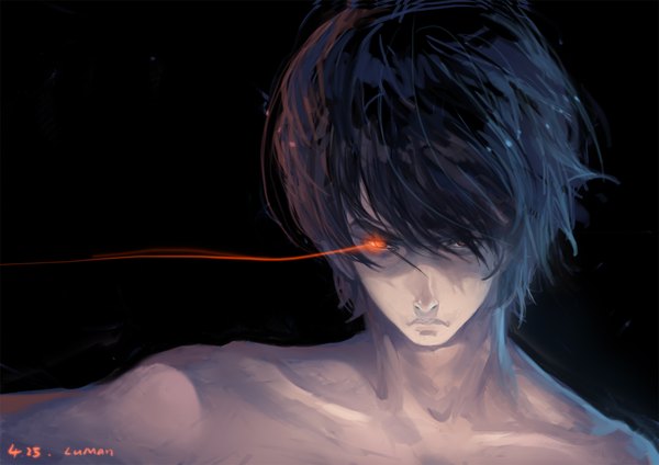 Anime picture 2000x1414 with daomu (grave robbery note) kylin zhang luman single highres short hair black hair simple background purple hair glowing black background topless glowing eye (eyes) hair over eyes boy
