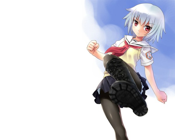 Anime picture 1024x819 with ben-tou david production yarizui sen single blush short hair simple background red eyes silver hair girl uniform school uniform pantyhose boots thigh boots fist