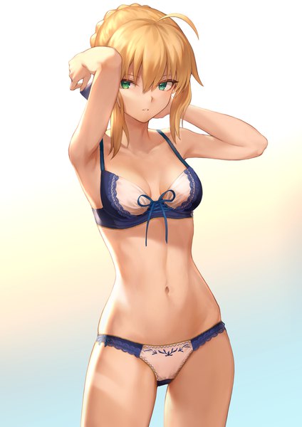 Anime picture 1302x1842 with fate (series) fate/stay night artoria pendragon (all) saber mashuu (neko no oyashiro) single tall image looking at viewer fringe short hair breasts light erotic blonde hair simple background hair between eyes standing green eyes payot cleavage ahoge
