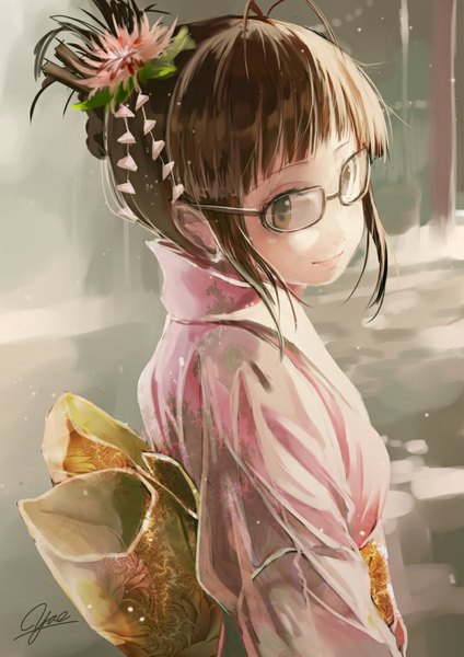 Anime picture 800x1132 with idolmaster akizuki ritsuko yae (mono110) single tall image short hair brown hair brown eyes signed looking away ahoge traditional clothes japanese clothes girl hair ornament glasses kimono obi kanzashi