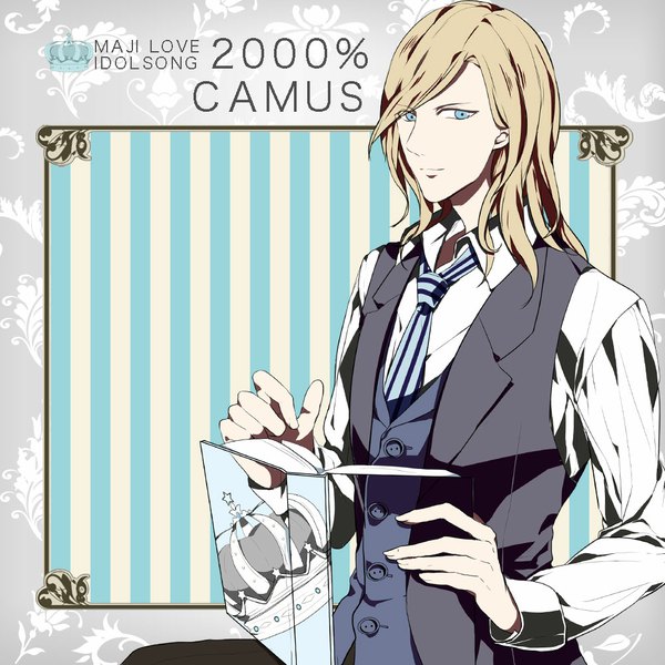 Anime picture 1000x1000 with uta no prince-sama a-1 pictures camus suzuhara (asparadise) single long hair looking at viewer blue eyes blonde hair sitting character names striped striped background boy shirt necktie white shirt book (books) vest