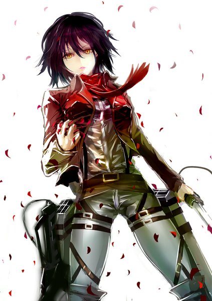 Anime picture 765x1084 with shingeki no kyojin production i.g mikasa ackerman ted (taiwan) single tall image looking at viewer blush short hair black hair simple background white background yellow eyes lips open clothes open jacket serious girl weapon shirt