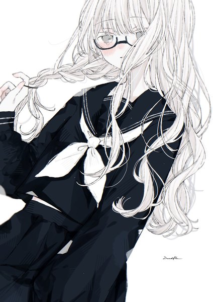Anime picture 1448x2048 with original driedflower6 single long hair tall image looking at viewer blush fringe simple background standing white background signed white hair blunt bangs braid (braids) pleated skirt grey eyes holding hair polychromatic girl