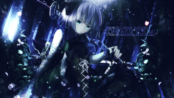 Anime picture 1920x1080 with touhou konpaku youmu ryosios totoro-gx single fringe highres short hair blue eyes wide image sitting blunt bangs grey hair character names lens flare lacing girl flower (flowers) weapon plant (plants)