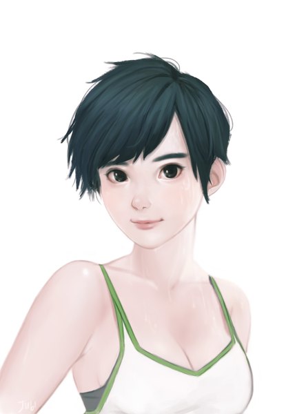 Anime-Bild 1848x2588 mit overwatch blizzard entertainment tracer (overwatch) jubi (regiana) single tall image looking at viewer fringe highres short hair light erotic black hair simple background white background bare shoulders signed upper body light smile black eyes realistic