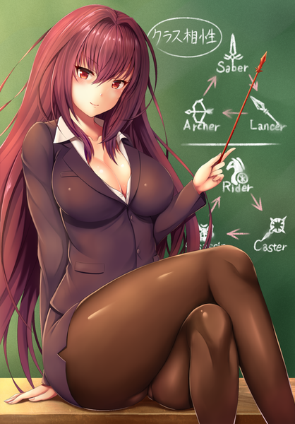 Anime picture 800x1149 with fate (series) fate/grand order scathach (fate) (all) scathach (fate) zukky single long hair tall image looking at viewer blush fringe breasts light erotic hair between eyes red eyes sitting purple hair crossed legs teacher girl