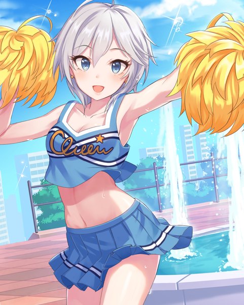 Anime picture 900x1123 with idolmaster idolmaster cinderella girls anastasia (idolmaster) tamakaga single tall image looking at viewer blush fringe short hair breasts open mouth blue eyes smile hair between eyes standing bare shoulders payot sky silver hair