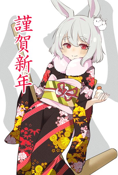 Anime picture 1378x2039 with original yunekoko single tall image looking at viewer blush fringe short hair smile hair between eyes red eyes white background holding animal ears silver hair traditional clothes japanese clothes bunny ears floral print eyebrows
