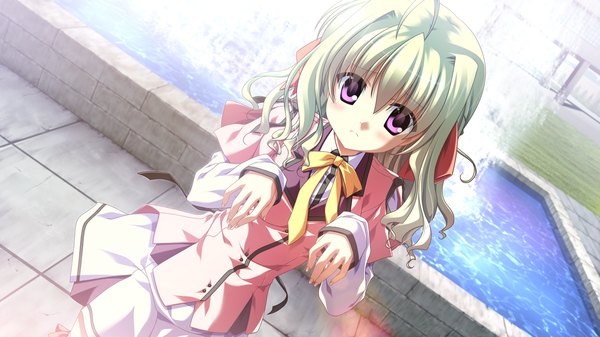 Anime picture 1280x720 with supipara nanao naru long hair wide image purple eyes game cg green hair girl uniform school uniform