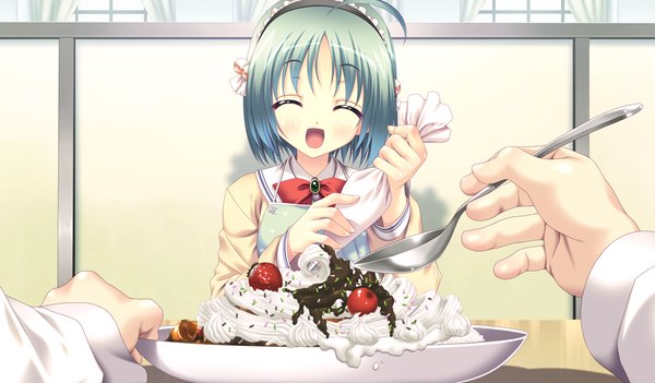 Anime picture 1024x600 with houkago kitchen short hair open mouth wide image game cg ahoge eyes closed green hair girl uniform school uniform food hairband cream