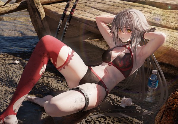 Anime picture 1786x1253 with fate (series) fate/grand order jeanne d'arc (fate) (all) jeanne d'arc alter (fate) jeanne d'arc alter (swimsuit berserker) (fate) nanaken nana single long hair looking at viewer fringe highres breasts light erotic hair between eyes yellow eyes silver hair bent knee (knees) outdoors parted lips arms up