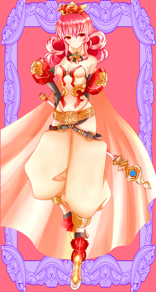 Anime picture 1800x3361 with original yuiyuimoe single long hair tall image highres pink hair traditional clothes pink eyes midriff girl gloves navel elbow gloves