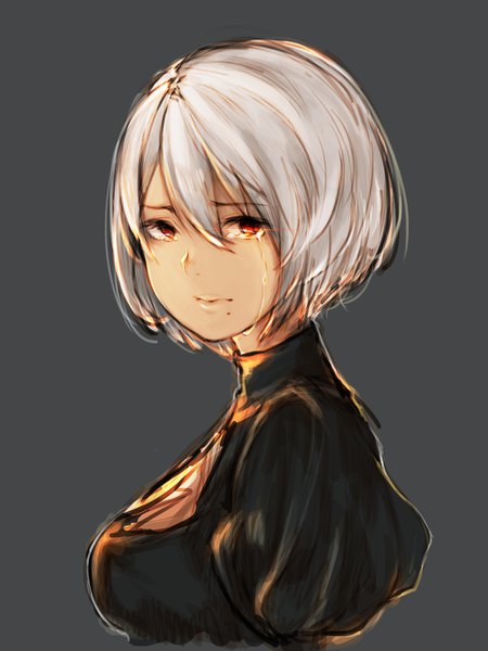 Anime picture 3024x4032 with nier nier:automata yorha no. 2 type b ikoan single tall image fringe highres short hair breasts simple background hair between eyes red eyes absurdres upper body white hair grey background mole puffy sleeves tears