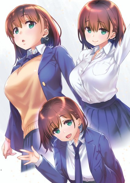 Anime picture 1062x1500 with getsuyoubi no tawawa pine jam ai-chan (tawawa) nanase meruchi tall image looking at viewer blush fringe short hair breasts open mouth simple background smile hair between eyes brown hair green eyes upper body braid (braids) :d pleated skirt