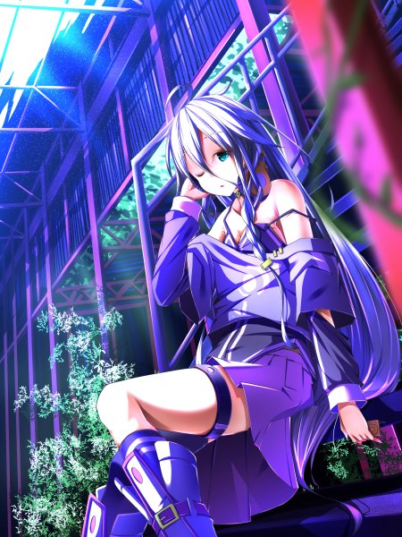 Anime picture 900x1200 with vocaloid ia (vocaloid) waterdog single long hair tall image bare shoulders green eyes white hair traditional clothes one eye closed wink sunlight sunbeam hand on headphones girl plant (plants) socks boots headphones