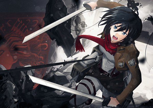 Anime picture 1000x707 with shingeki no kyojin production i.g mikasa ackerman siyron single fringe short hair open mouth blue eyes black hair holding open clothes open jacket dual wielding weightlessness screaming girl uniform weapon sword