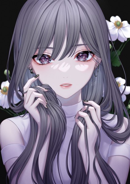 Anime picture 848x1200 with original ca yu single long hair tall image looking at viewer fringe simple background hair between eyes signed upper body nail polish parted lips fingernails grey hair short sleeves grey eyes piercing black background portrait