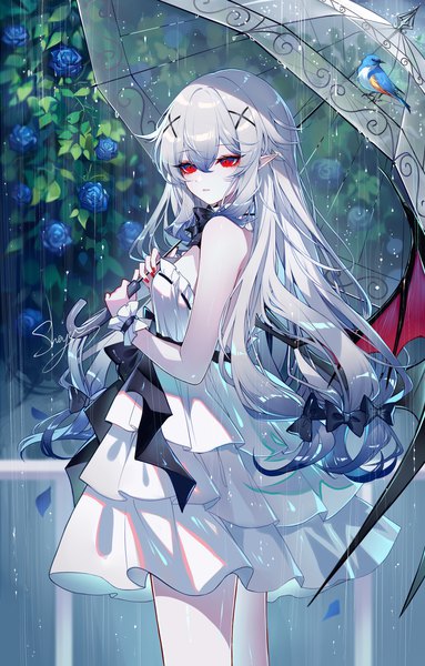 Anime picture 1826x2863 with original sheya single long hair tall image fringe highres hair between eyes red eyes standing holding signed outdoors white hair nail polish parted lips fingernails pointy ears gradient hair rain