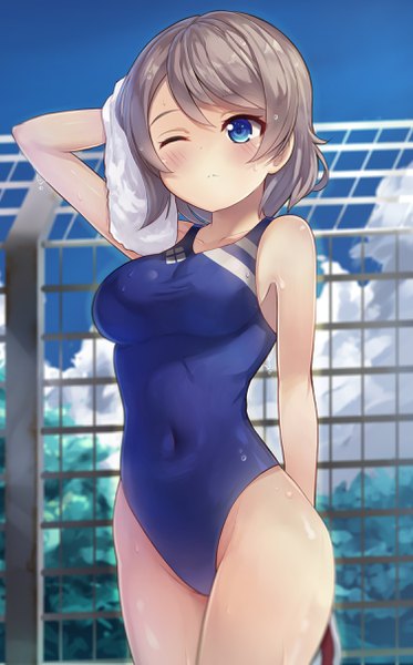 Anime picture 1500x2411 with love live! sunshine!! sunrise (studio) love live! watanabe you motokonut single tall image blush fringe short hair blue eyes light erotic brown hair looking away one eye closed blurry wet depth of field groin covered navel